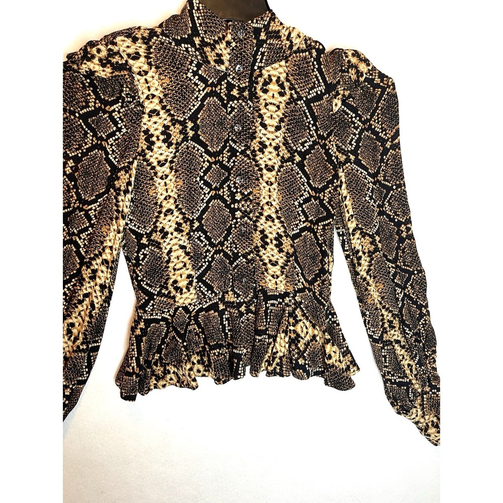 Olivaceous S brown snakeskin print padded shoulders flared peplum hem feminine